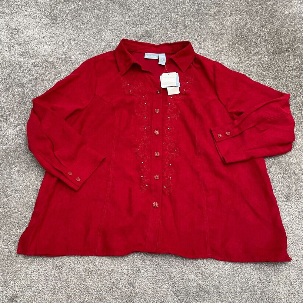 Liz & Me Faux Suede Shirt Womens XL Red Long Sleeve Embroidered Studed NWT New
